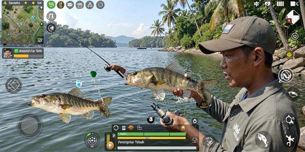 Screenshot gameplay 9ZK menampilkan aksi memancing yang mendebarkan di lokasi indah.