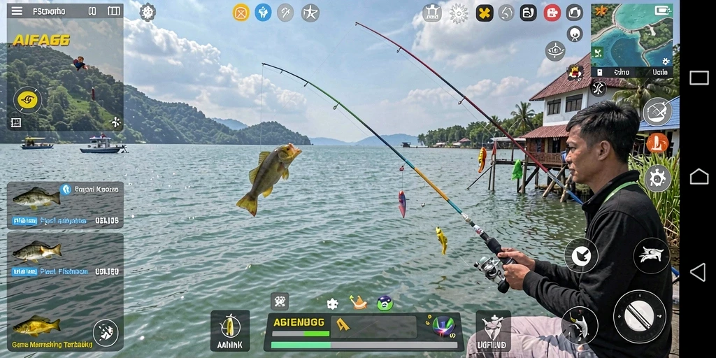 Screenshot gameplay AIFA66 menampilkan aksi seru saat memancing di perairan indah.