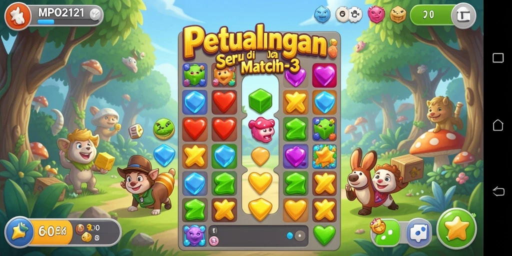 Gameplay MPO2121 dengan kombinasi warna-warni di papan permainan.