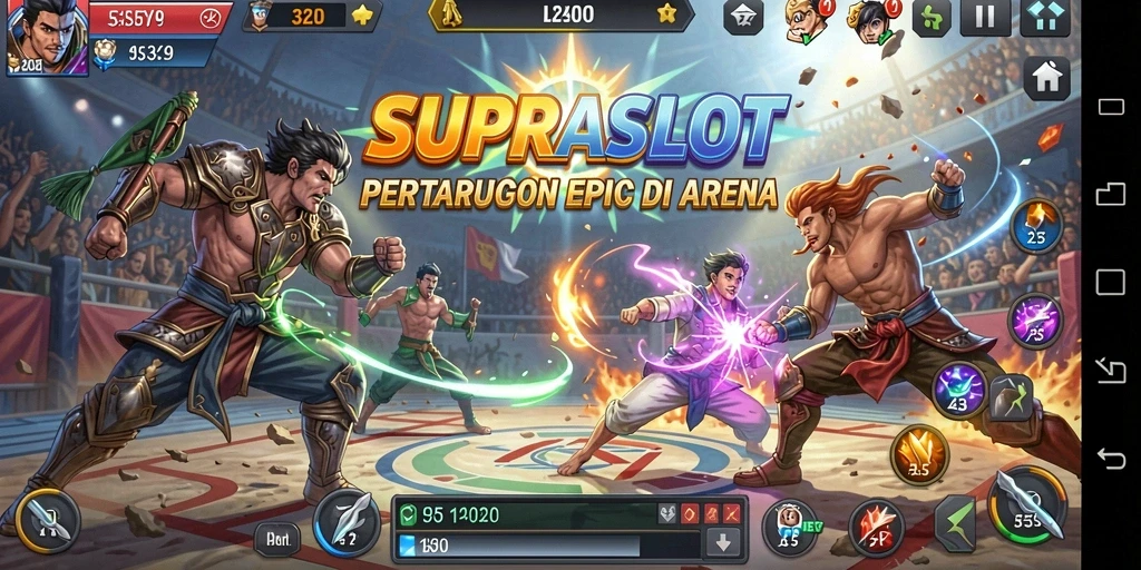 Screenshot gameplay SUPRASLOT dengan pertarungan seru.